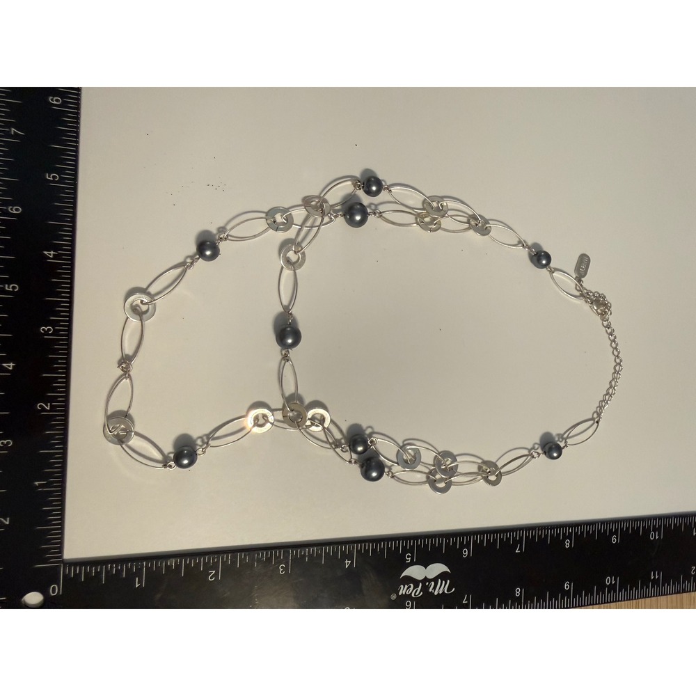 Alfani Grey Faux Pearl Silver‎ Tone Station Long Necklace Adjustable 36-39 Inch